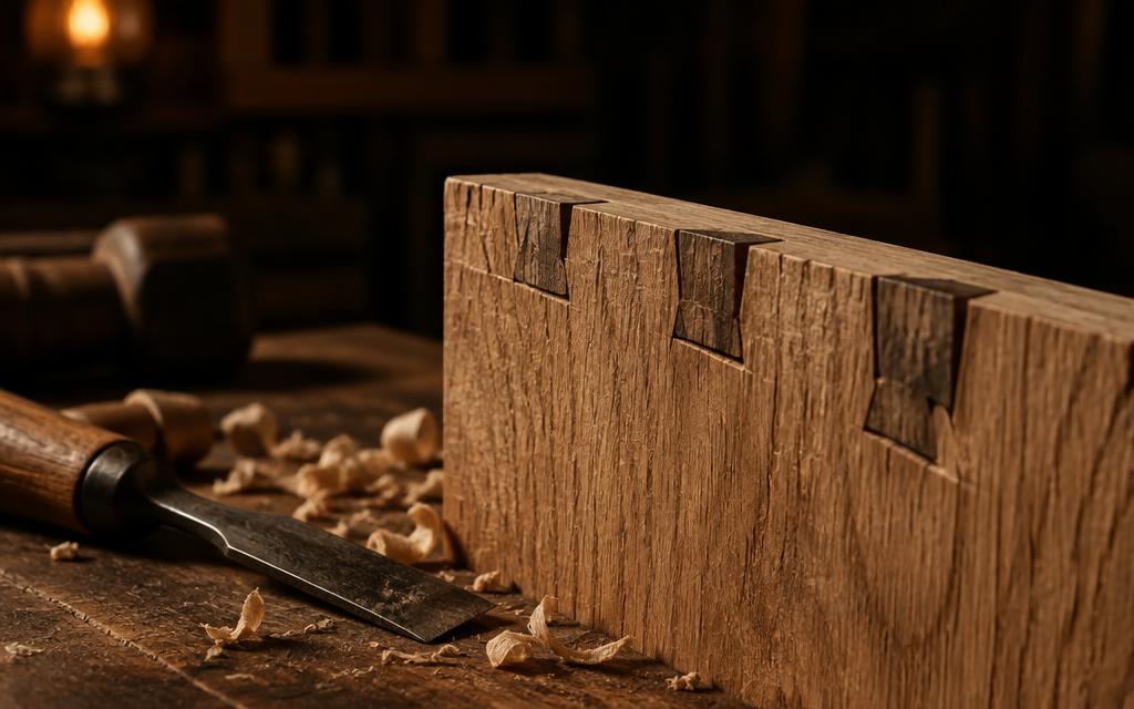 Hand-cut dovetail joinery on a white oak board