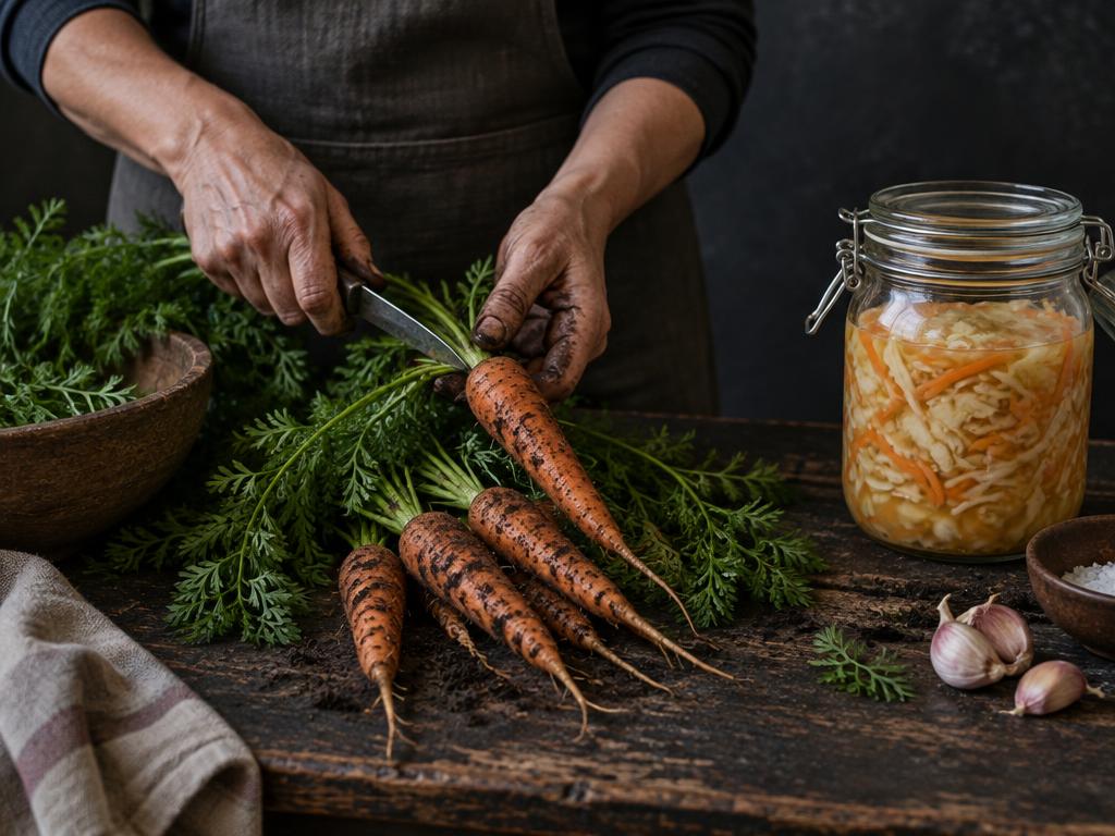 Hands trimming garden carrots beside a jar of fermented vegetables