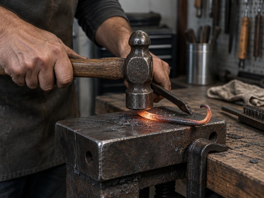 Hands shaping a small iron hook on a compact bench-mounted anvil