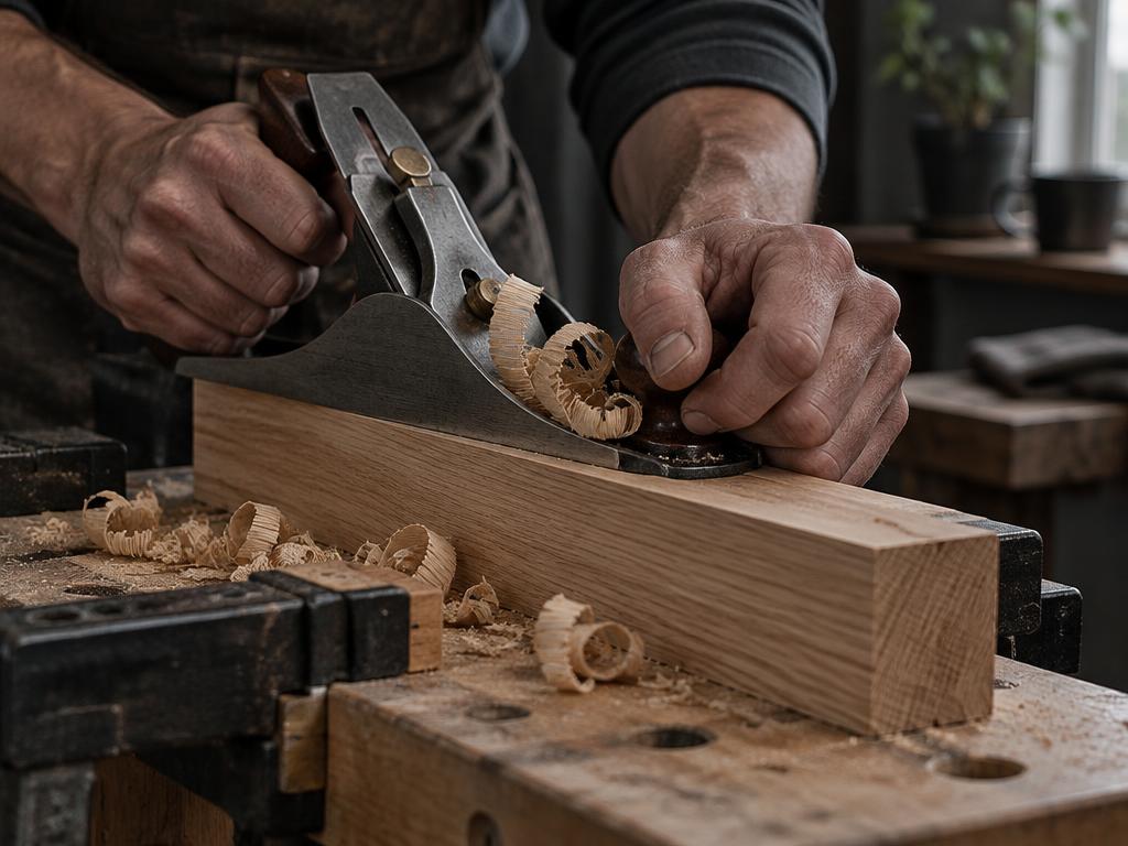 Hands planing a white oak board on a compact workbench
