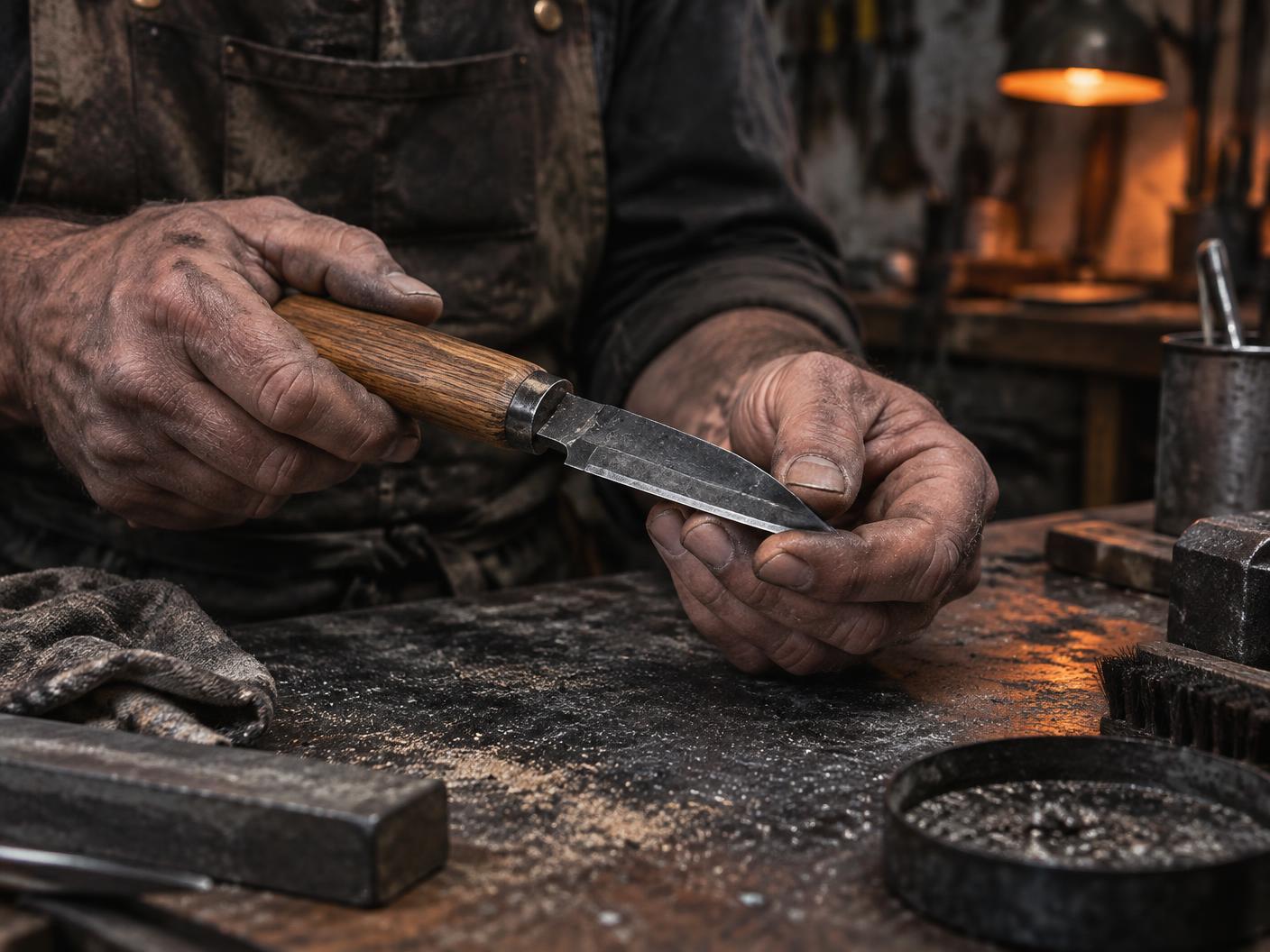 Work-worn hands inspecting a handmade wood-and-steel tool at a compact bench